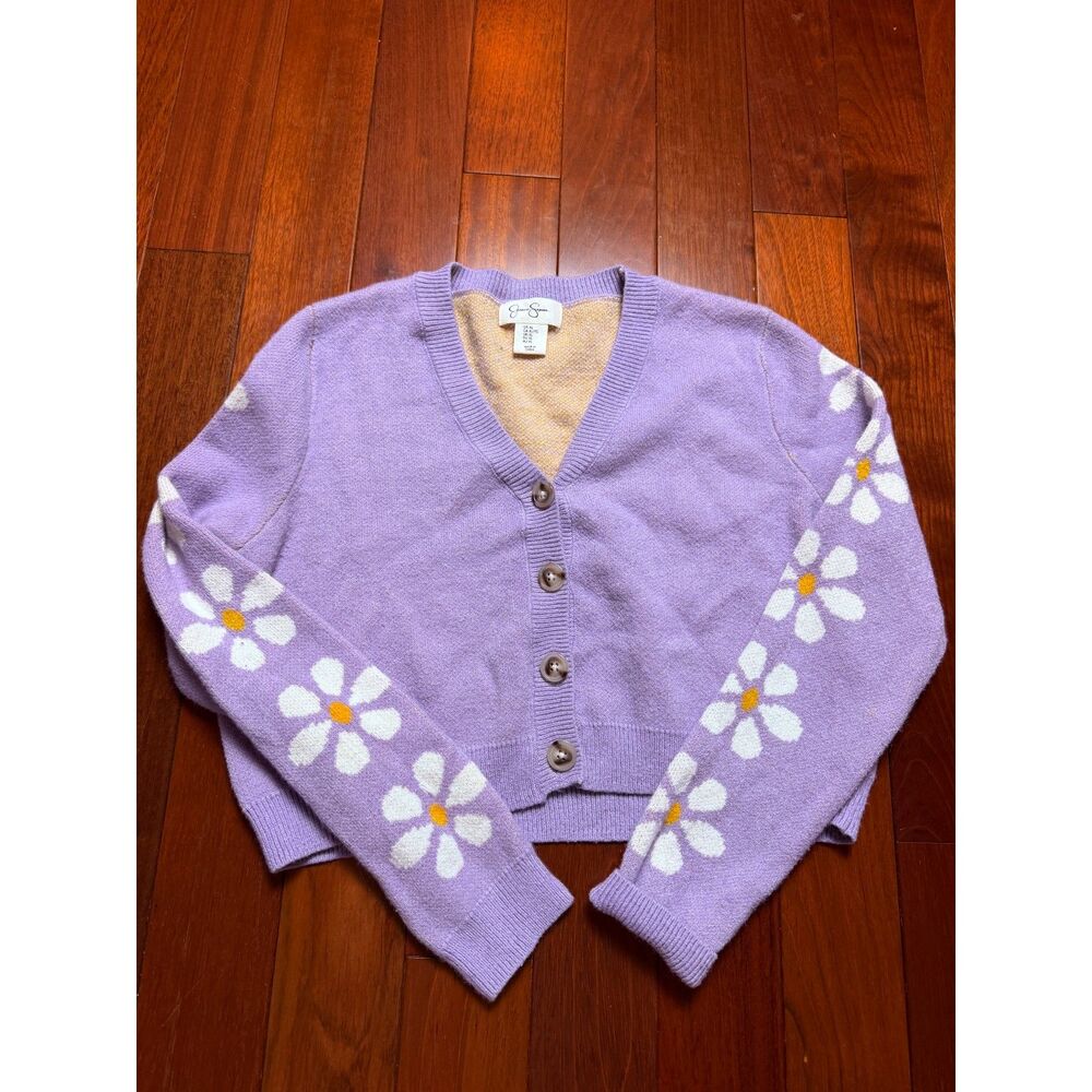Jessica Simpson Y2K Lavender Daisy Cropped Cardigan Sweater Women's XL Floral